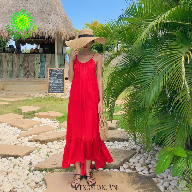 New beach dress red backless dress long skirt