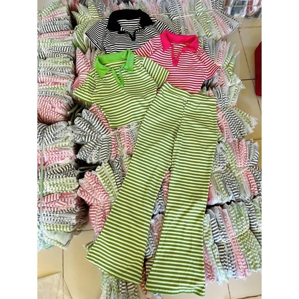 Set áo trụ sọc quần loe