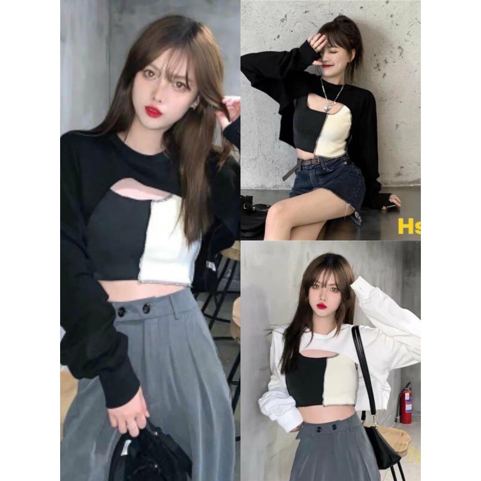 Bộ Áo Croptop Nữ Dài Tay Phối Màu Set Croptop Nữ