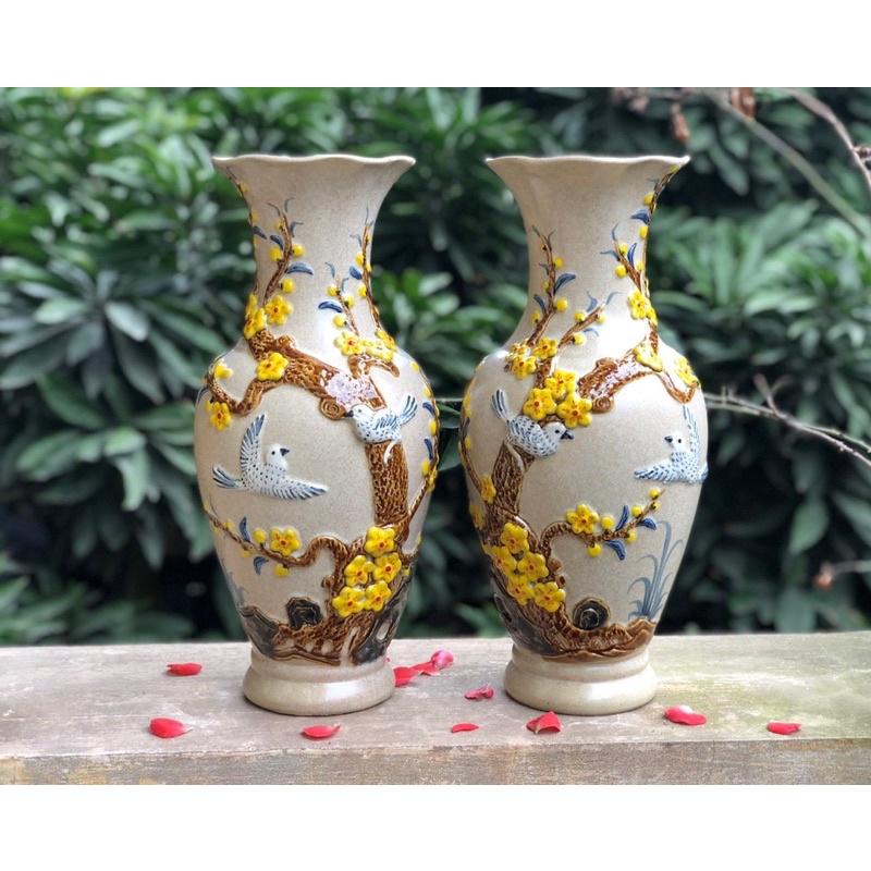 Set 2 lọ lục bình men rạn cổ, họa tiết đắp nổi thủ công"Mai- Đào". Gốm sứ Bát Tràng.