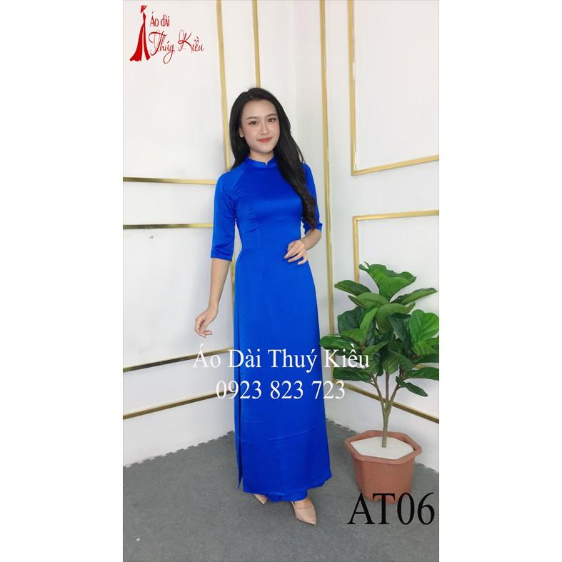 Áo dài Thúy Kiều trơn lụa Tây Thi cổ tàu màu xanh cô ban AT06