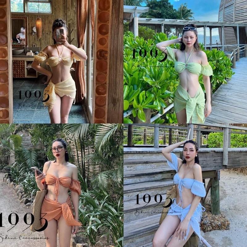 Set bikini 3 món đi biển trễ vai bèo màu pastel xịn xò