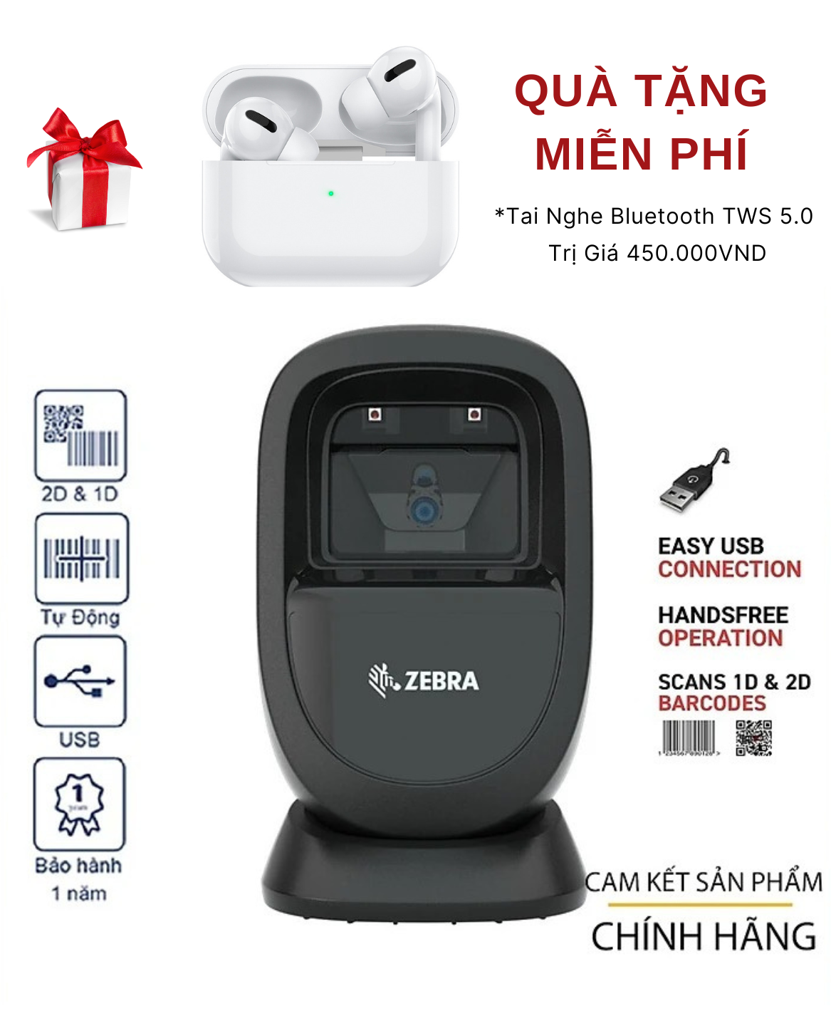 Máy Quét Mã Vạch ZEBRA DS9308 Quét mã QR Code CCCD gắn chip, Thẻ BHYT - Hàng Chính Hãng