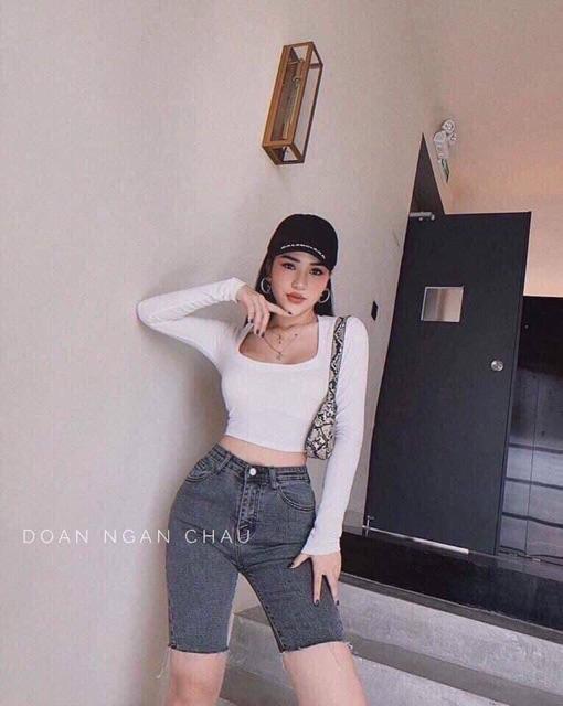 Áo thun tay dài croptop cổ tam giác hot hit- ảnh thật trải sàn