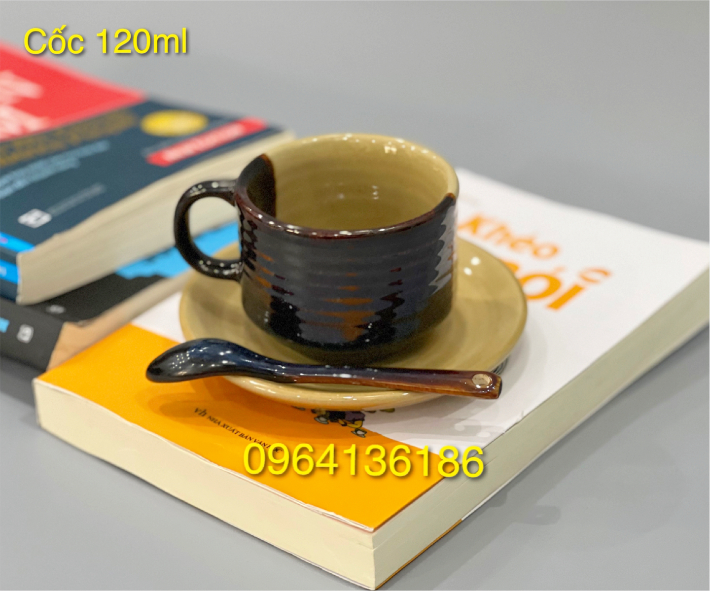 Set cốc đĩa cà phê nóng 120ml phối 3 màu cao cấp gốm sứ Bát Tràng
