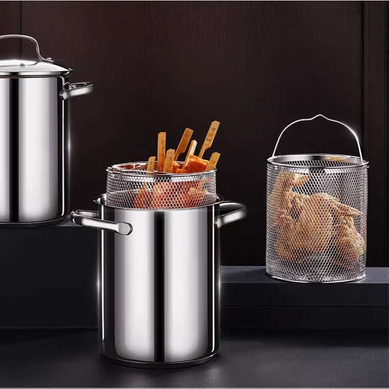 Nồi nấu súp nắp thủy tinh kèm rổ chiên inox 304 cao cấp phong cách hiện đại 24.5x28cm 1282g 4178ml