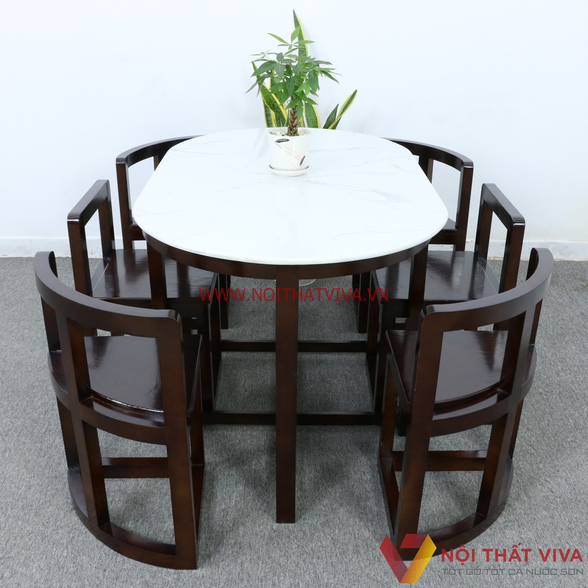 Bộ Bàn Ăn Xếp Gọn 6 Ghế Gỗ Sồi Nga Màu Nâu Mặt Đá Oval Tự Nhiên Đẹp - Bàn: 130 x 75 x 80cm ( dài x rộng x cao ) - Ghế: 70 x 55 cm ( cao x rộng )