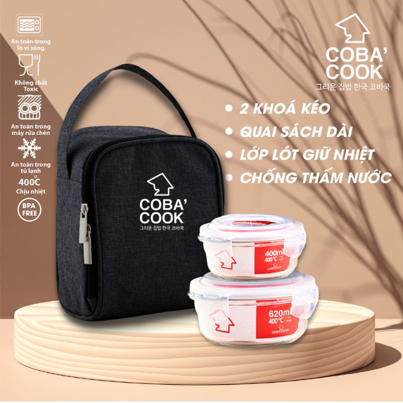 Bộ 2 hộp đựng cơm thủy tinh COBACOOK trữ thức ăn thực phẩm chịu nhiệt hình tròn 620ml và 400ml 1 túi giữ nhiệt- CCR6R42BS