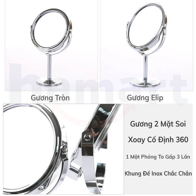 Gương 2 Mặt Mini Để Bàn Xoay 360º Phóng To Gương Trang Điểm Hamart Gương MakeUp Xinh Đẹp