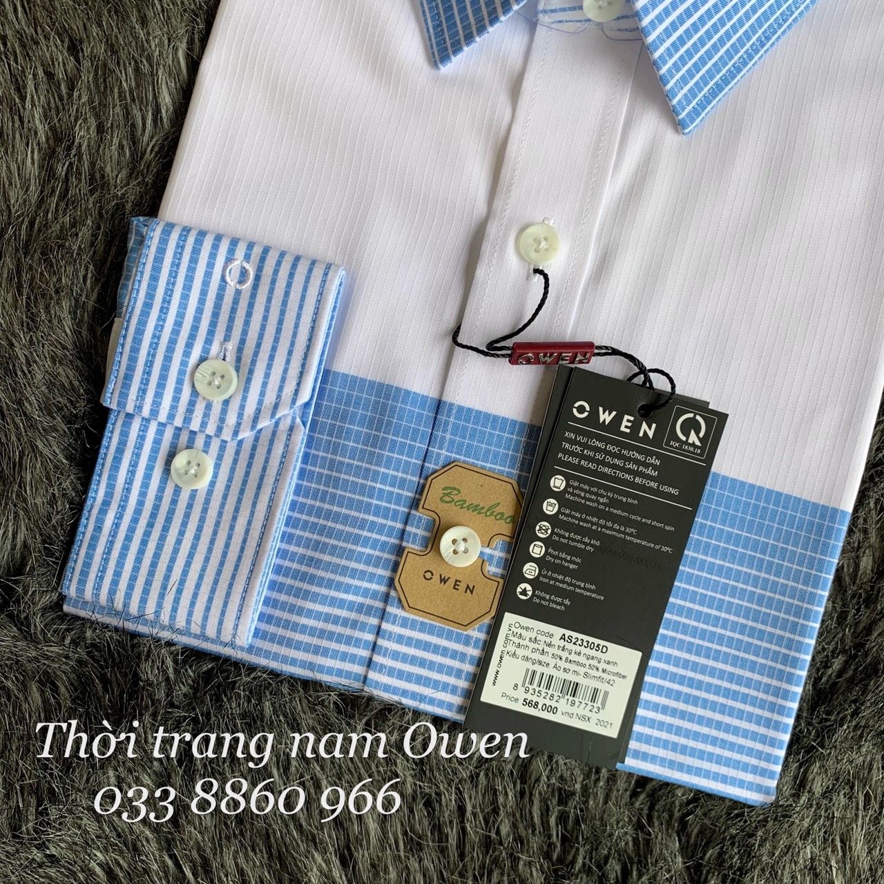 OWEN - Áo sơ mi dài tay Owen Slimfit chất sợi tre màu trắng sọc xanh 23305