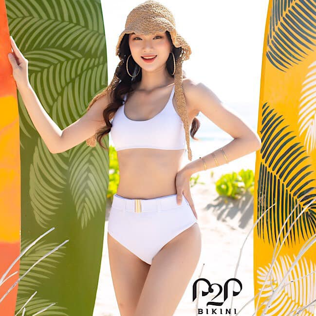 P2P BIKINI - Bikini hai mảnh áo mút hai dây, quần phối khoen lưng cao trắng - BTK370M_LC2