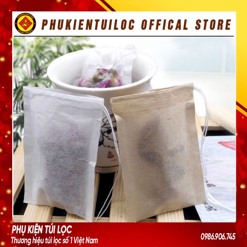 Combo 100 túi lọc trà giấy màu nâu có dây rút đầy đủ kích thước - Phukientuiloc.com