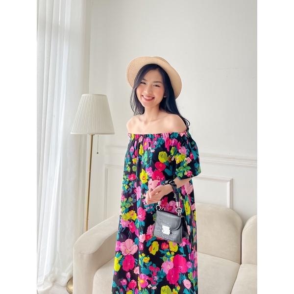 Đầm trễ vai hoa dài -Thiết kế từ - có may theo số đo