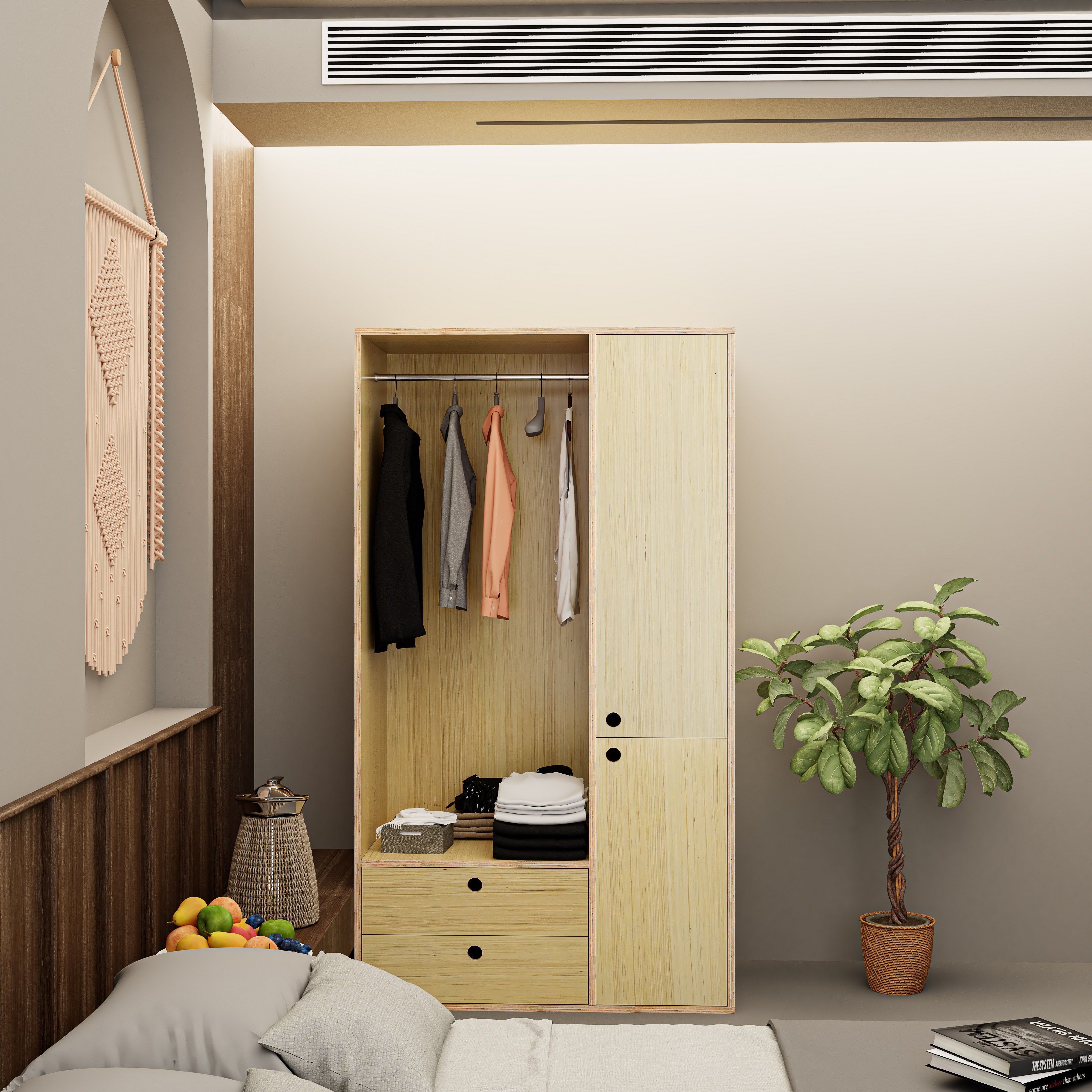 HAPPY FURNITURE , Gỗ tự nhiên , Tủ quần áo 2 cửa mở gỗ Plywood - SANARI , TCM_202 , 100cm x 59cm x 180cm DxRxC