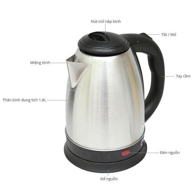 Bình Đun Nước Siêu Tốc Inox Dung Tích 1.8L - Chất Liệu 100% Inox Độ Bền Cực Cao -BÍCH CHI CHUYÊN SĨ