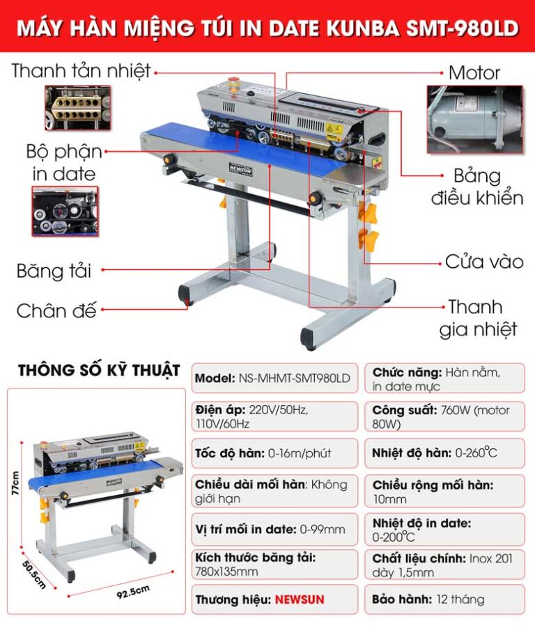 Máy hàn miệng túi in date Kunba SMT-980LD (có chân) NEWSUN - Năng suất, chuyên nghiệp, hiệu quả - Hàng chính hãng