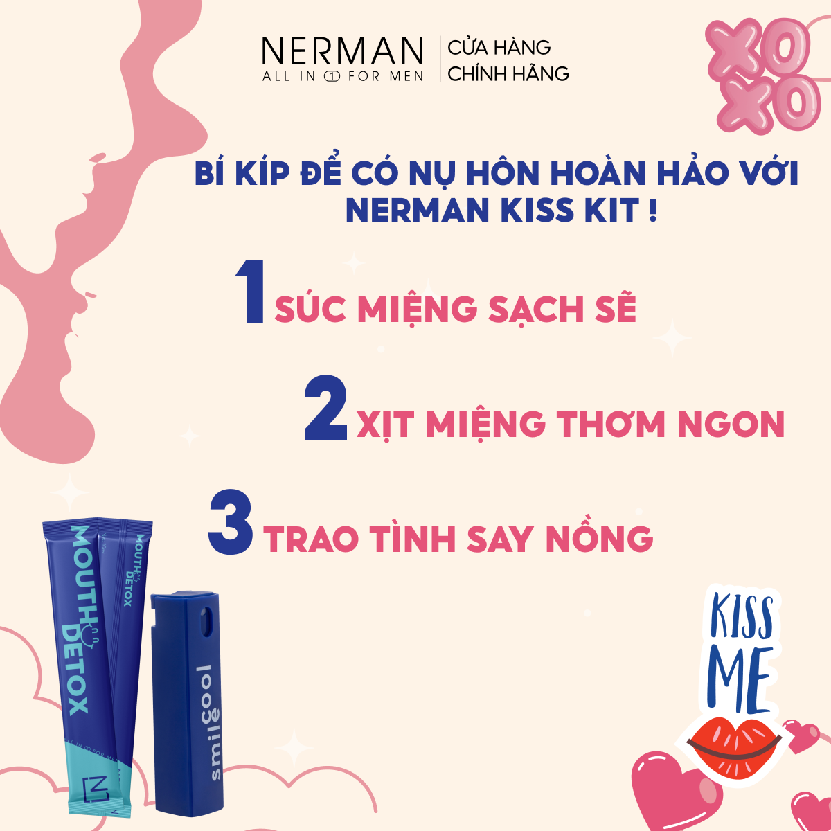 Combo Kiss Kit Nerman - Xịt thơm miệng Spray&Kiss 10ml & 10 gói Nước súc miệng dạng gói Mouth Detox 10ml/ gói