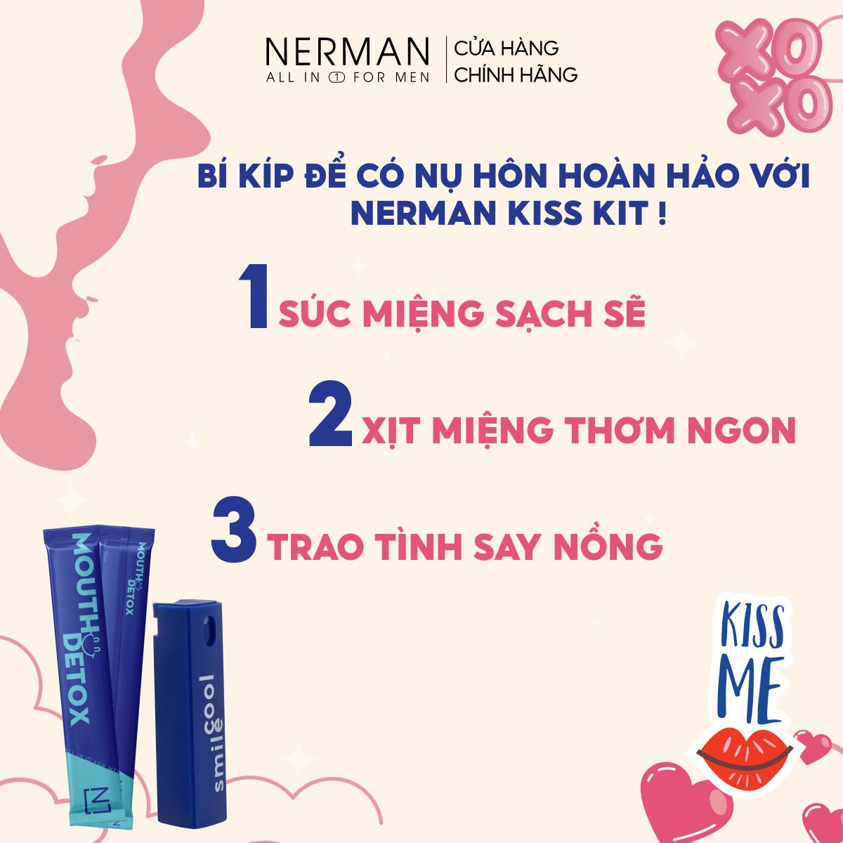 Combo Kiss Kit Nerman - Xịt thơm miệng Spray&amp;Kiss 10ml &amp; 10 gói Nước súc miệng dạng gói Mouth Detox 10ml/ gói [TẶNG 1 CẨM NANG TẬP HÔN