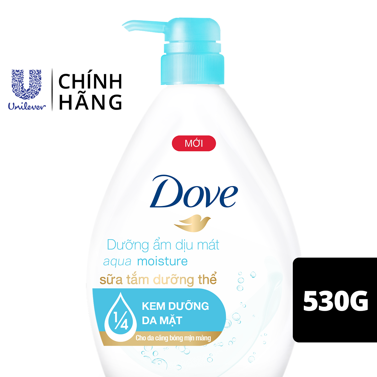 Sữa tắm dưỡng thể Dove Dưỡng ẩm dịu mát Aqua Moisture với 1/4 kem dưỡng da mặt 530g