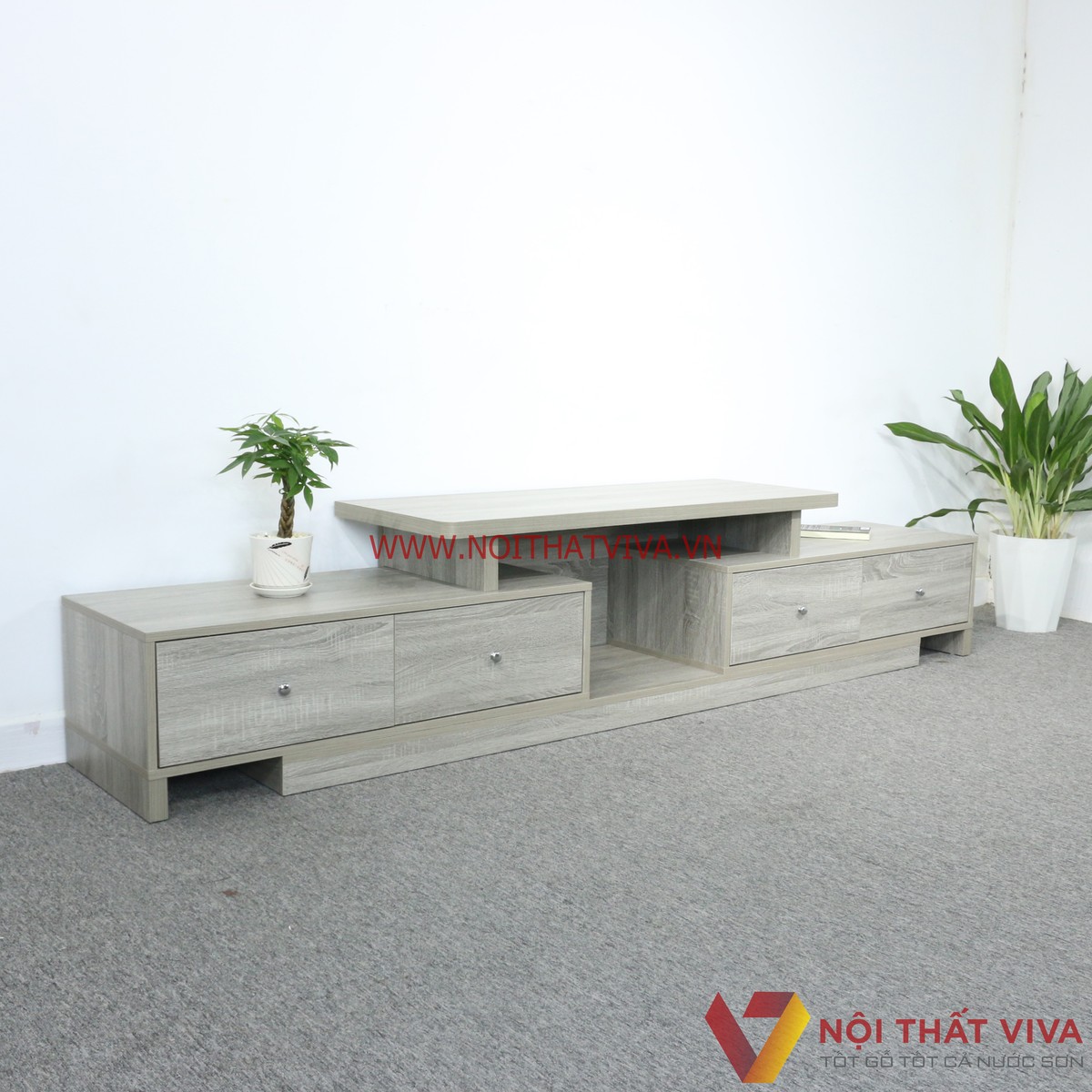 Kệ Tivi Thông Minh 2 Tầng Gỗ MDF Melamine Màu Xám Vân Gỗ Đẹp Hiện Đại