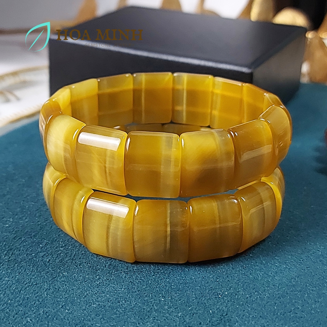 Vòng tay đá Mắt Hổ Vàng Tâm tự nhiên kiểu bản vuông đẹp size 13x16mm dày 5.5 li chất 6A VIP hợp mệnh Thổ, Kim