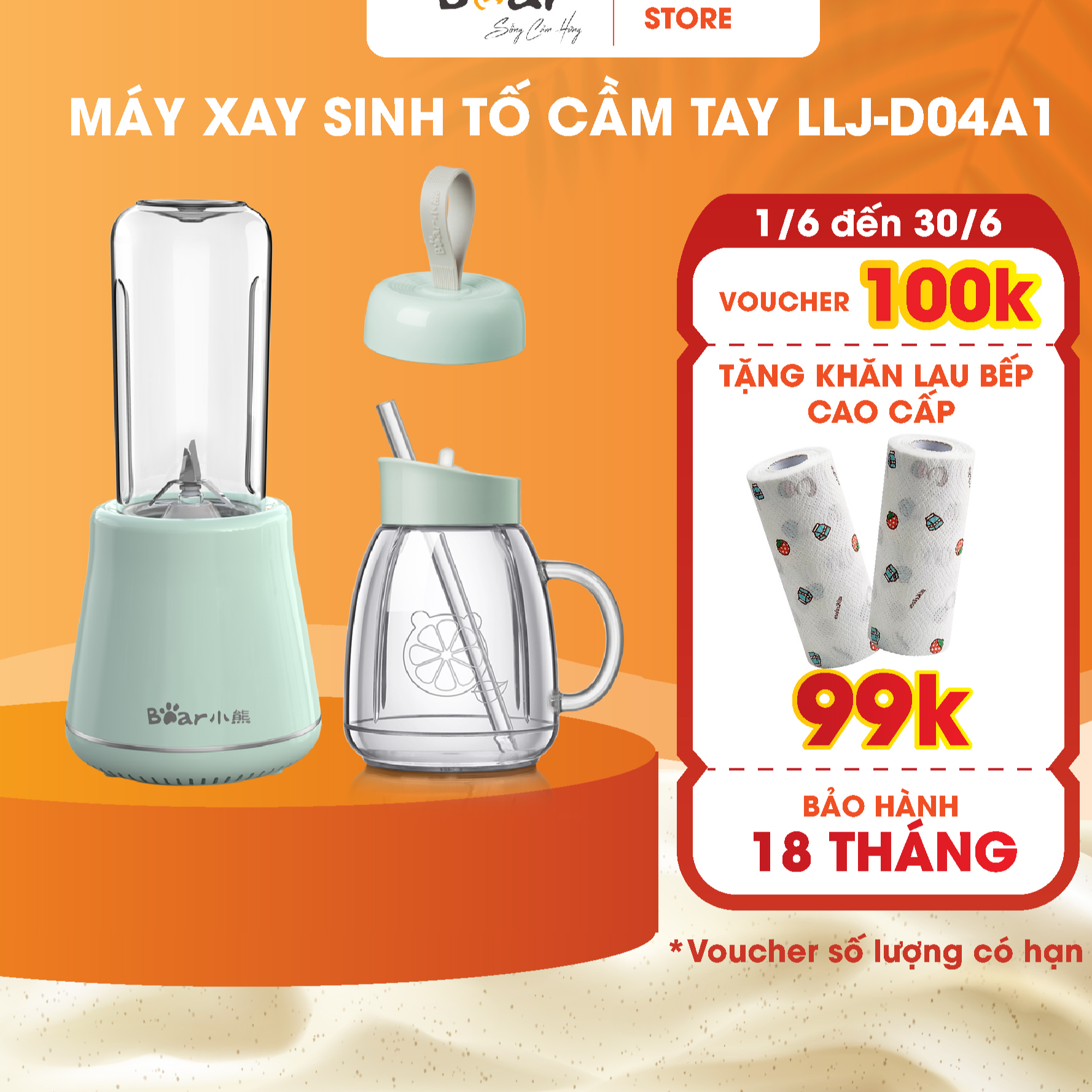 Máy Xay Sinh Tố Cầm Tay Bear, Nghiền Hoa Quả Công Suất Lớn, Chất Liệu An Toàn LLJ-D04A1 - Hàng Chính Hãng