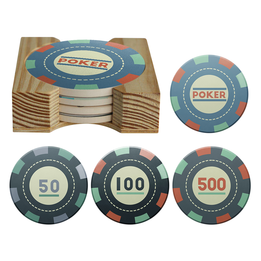 Bộ 4 Lót Ly Tròn + Dock Gỗ Mika - Poker Chips