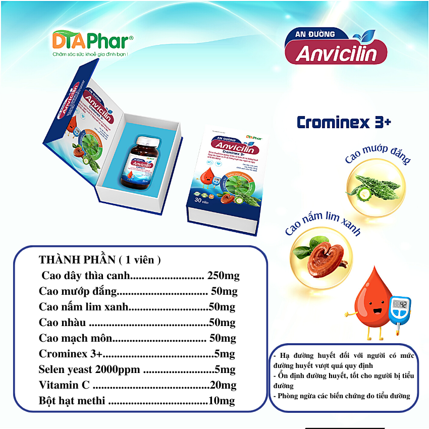 Viên uống đường huyết An Đường Anvicilin Hỗ trợ giảm đường huyết nguy cơ biên chứng do tiểu đường Hộp 30 viên Tâm An Pharma