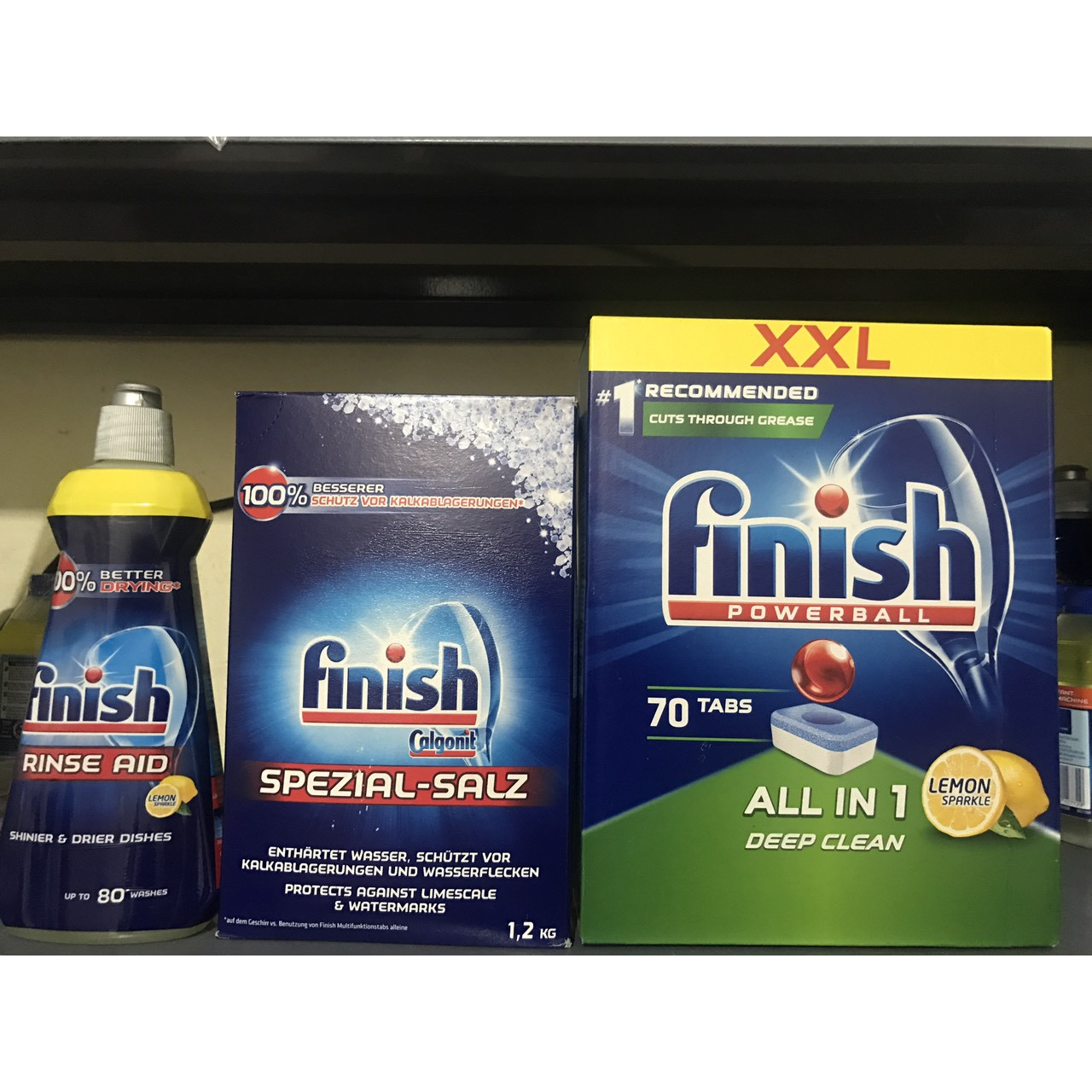 Combo Nước làm bóng bát chén bát finish 400ml + muối rửa bát Finish 1,2kg+viên rửa bát Finish all in one 70 viên