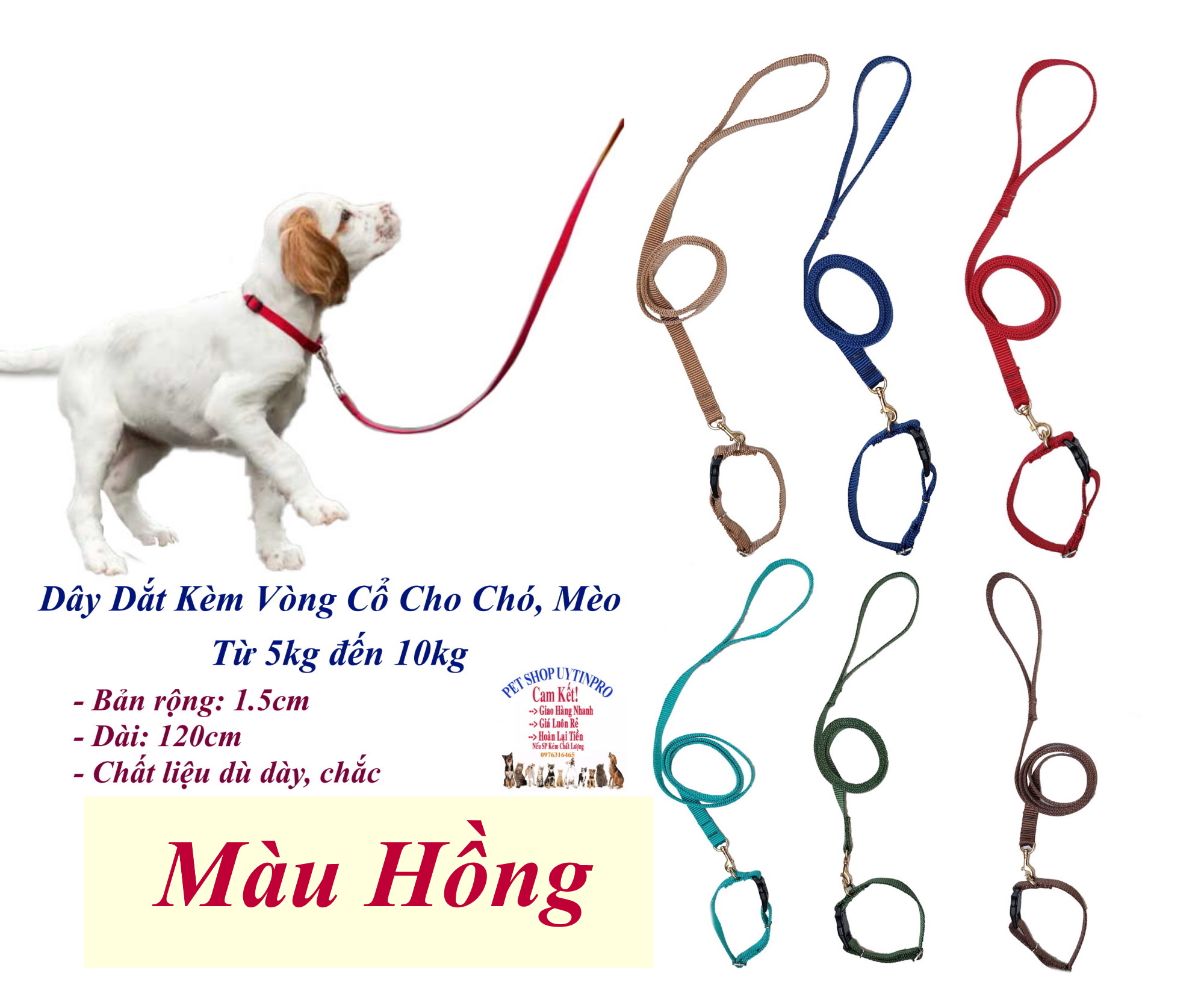 Dây dắt kèm vòng cổ cho Chó Mèo từ 5kg đến 10kg Bản rộng 1.5cm Không in hình Chất liệu dù dày, Bền, Chắc, Cao cấp