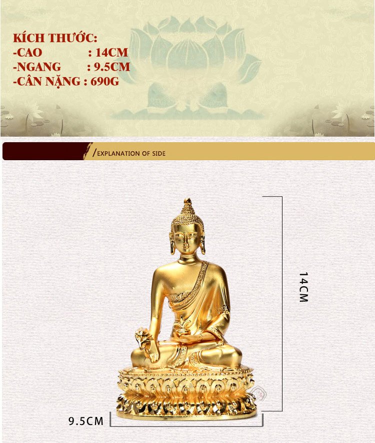 Tượng Phật Dược Sư bằng hợp kim mạ vàng C14