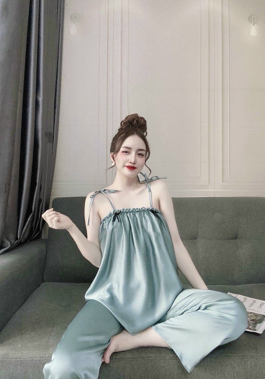 Đồ Bộ Lụa 2 Dây Nữ, Bộ Mặc Nhà 2 Dây Nữ Lụa Satin cột vai, Freesize 40_58kg, tùy chiều cao