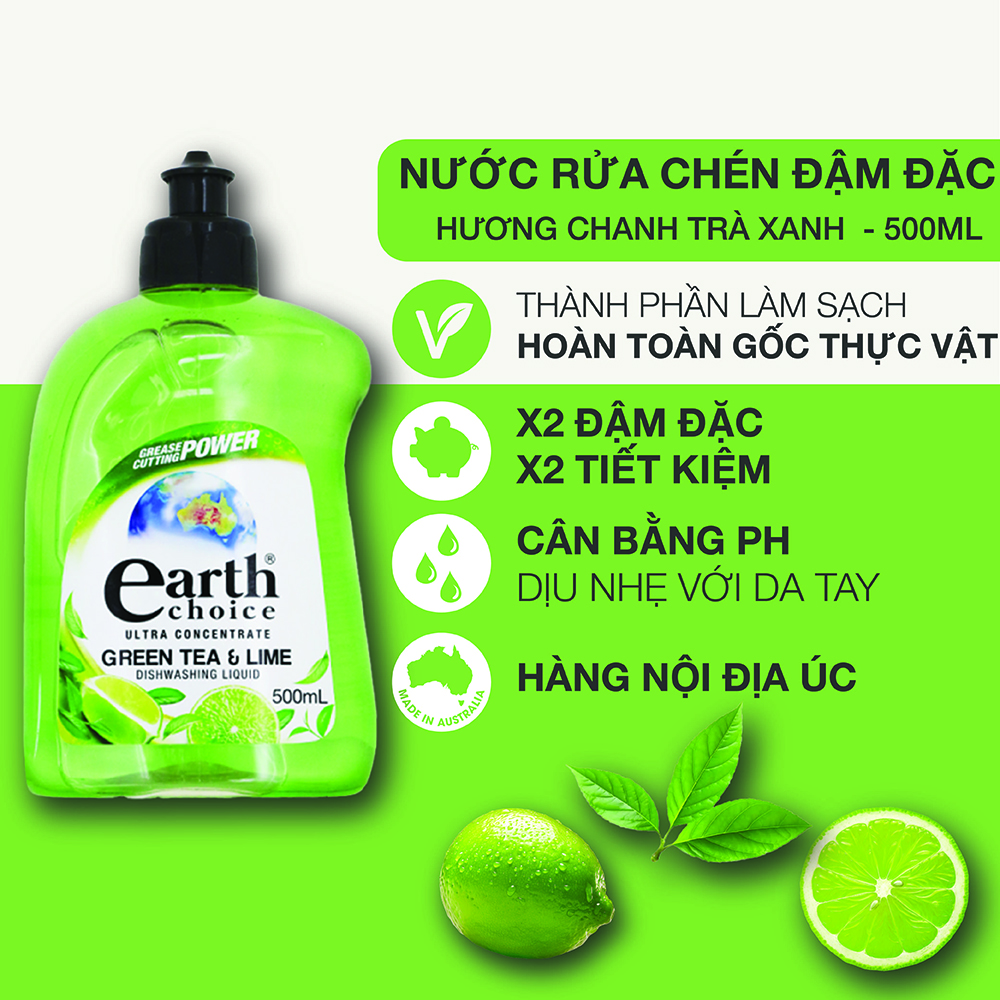 Nước rửa chén đậm đặc Earth Choice hương chanh trà xanh 500ml