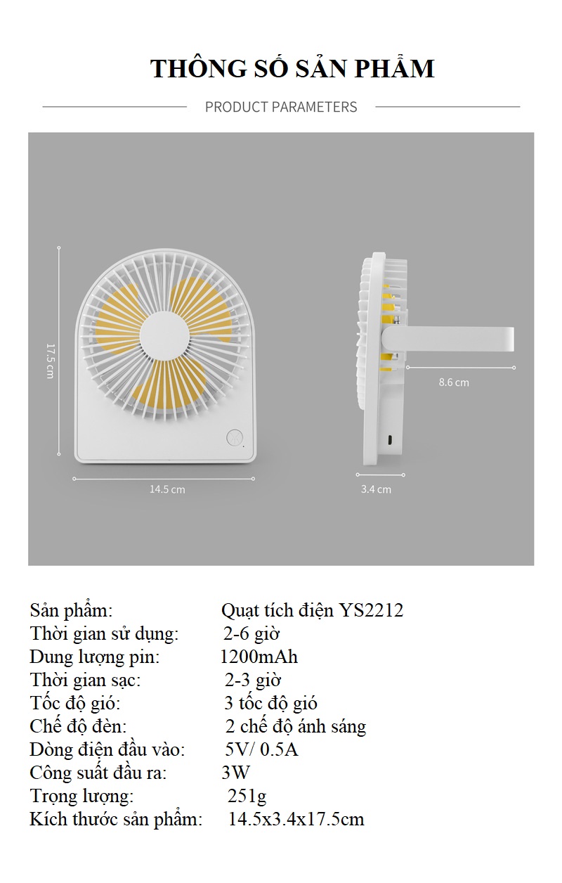 Quạt Sạc Pin Mini Xách Tay YS-2212, Để Bàn Có Đèn Ngủ Thiết Kế Nhỏ Gọn, Chạy Cực Êm