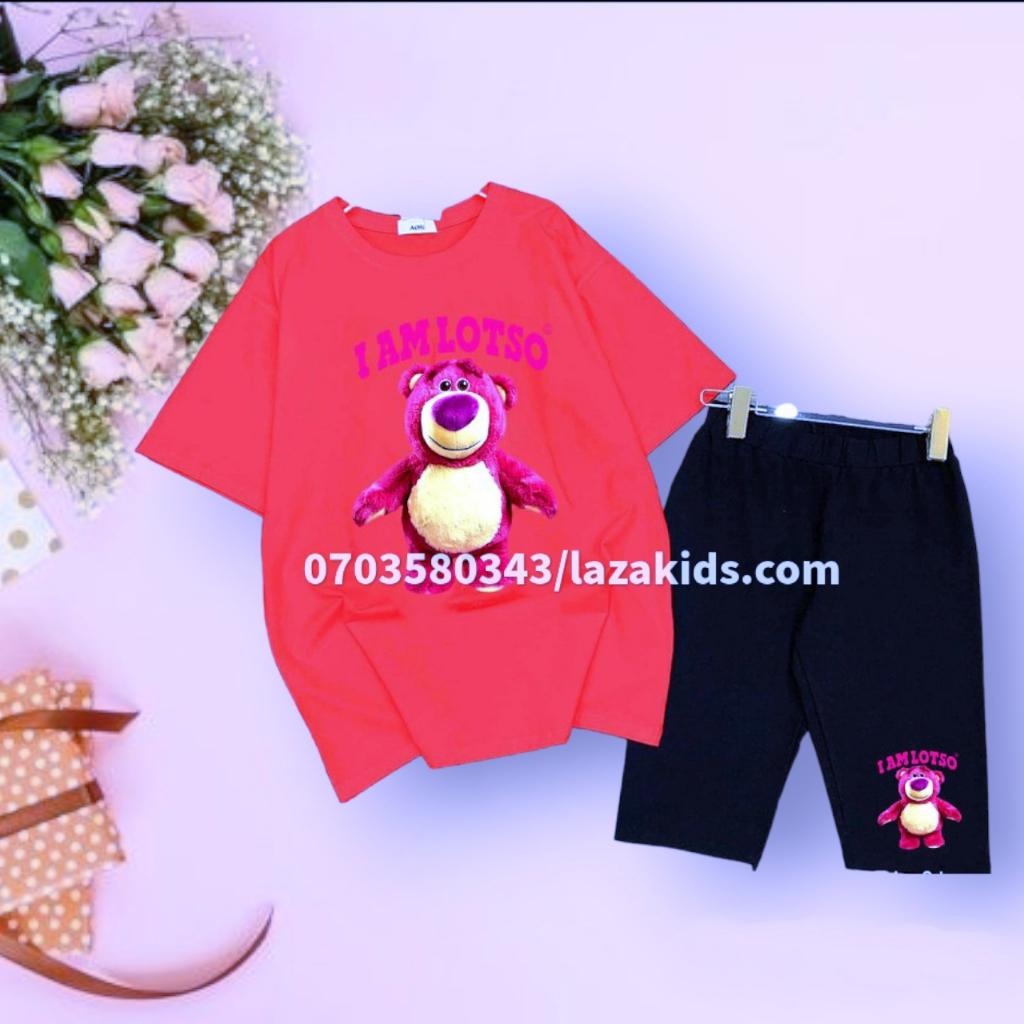 Đồ bộ bé gái, Bộ quần ngố cho bé gái sắc màu hồng DÂU LOS.TO phong cách sành điệu từ 20-45kg chất cotton mềm mịn mát