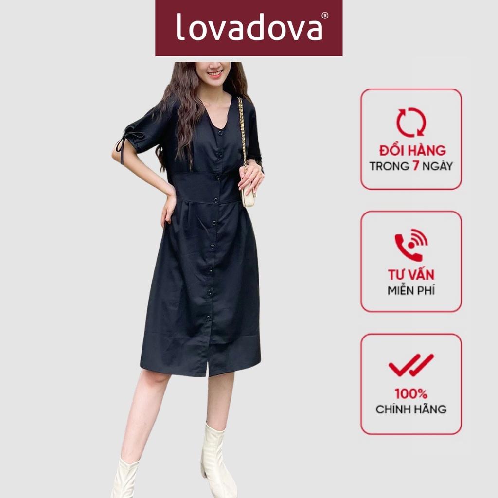 Đầm Dáng Ôm, Ngắn Tay, Cách Điệu Nhún Eo, Có Núc, Cổ Tay Thắt Nơ, Màu Đen - Lovadova 21D10C002