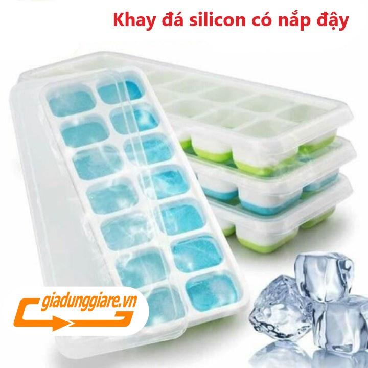 Set 04 Khay đá silicon (14 ngăn , 4 mầu) có nắp đậy không dính mùi thực phẩm, làm rau câu, làm kem, khay trữ đông ăn dặm