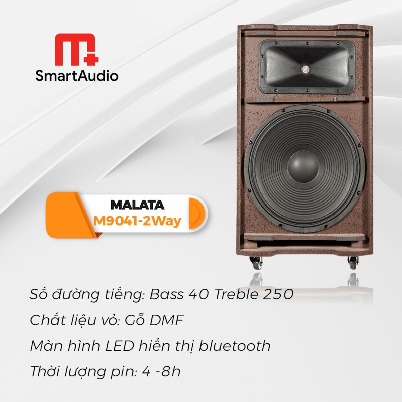 Loa kéo Malata M+9041 - Loa kéo di động bass 4 tấc có Reverb - Tặng kèm 2 micro không dây - Công suất cực lớn lên đến 600W - Đầy đủ kết nối Bluetooth, AUX, USB, SD card - Vỏ gỗ cao cấp cho âm thanh trầm ấm, mạnh mẽ - Hàng chính hãng