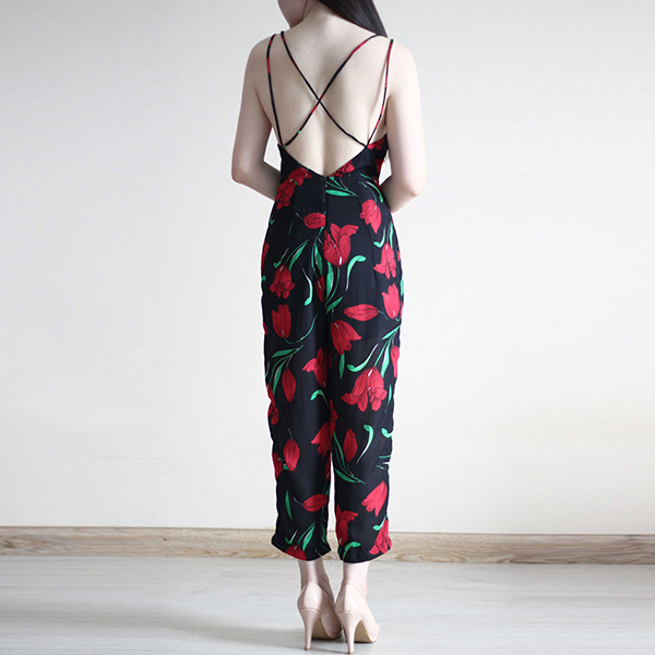 Jumsuit dài hở lưng họa tiết hoa Tulip