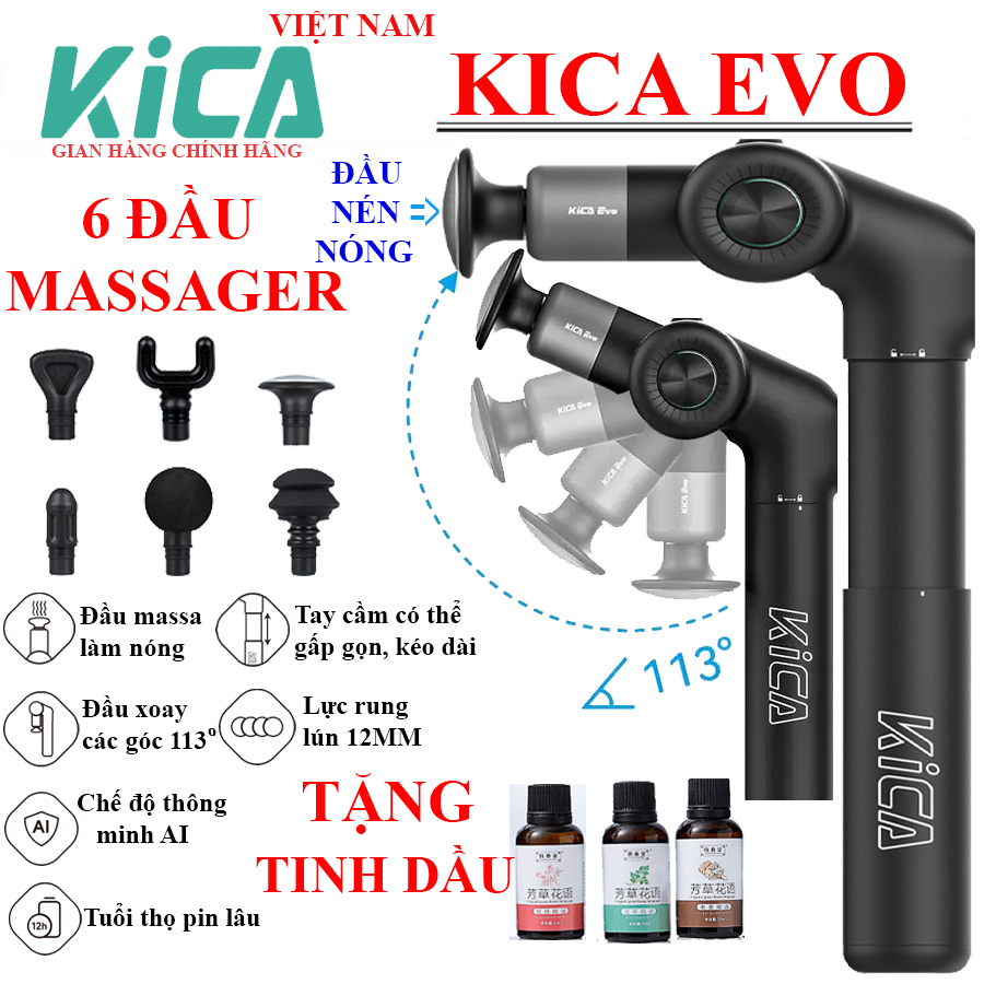 Máy Massage KICA EVO Máy Massa Cầm Tay Điều Chỉnh 6 Góc Linh Hoạt Sử Dụng 6 Đầu Massa Có Đầu Nén Nóng Giúp Massa Dễ Chịu