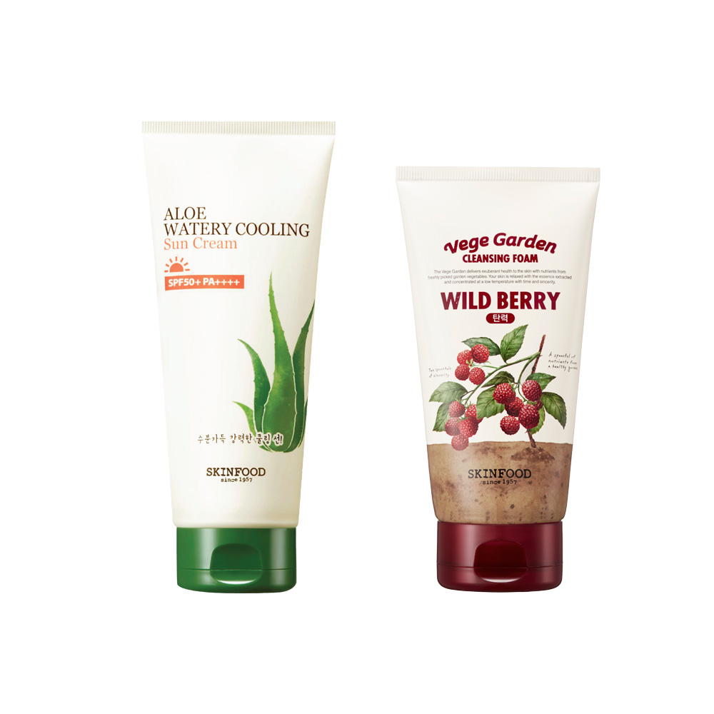 BỘ 2 SỮA RỬA MẶT VÀ KEM CHỐNG NẮNG SKINFOOD VEGE GARDEN CLEANSING FOAM WILD BERRY - SUNCARE ALOE WATERY COOLING SUN CREAM