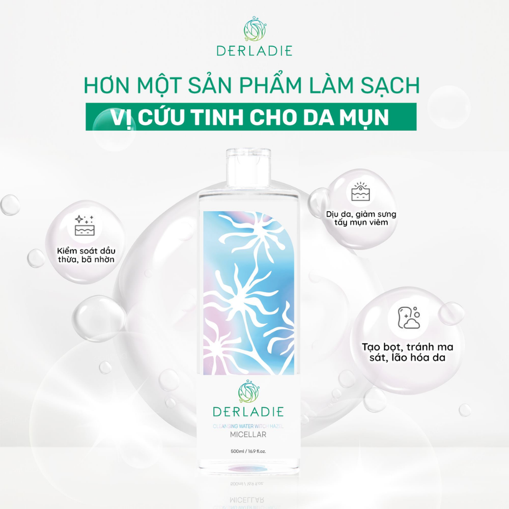 Nước tẩy trang Derladie Cleansing Water Witch Hazel 1000ml giúp làm sạch dầu thừa và bụi bẩn