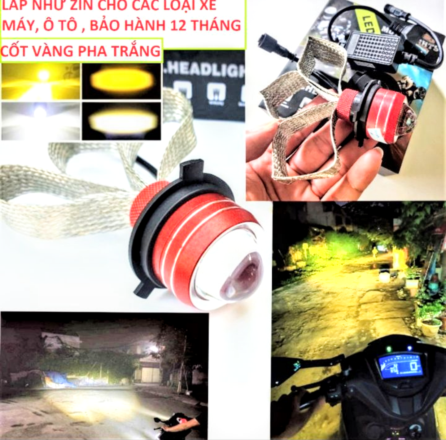SIÊU SÁNG VỚI 1 BÓNG ĐÈN PHA COS SÁNG PHA TRẮNG CỐT VÀNG VIỀN ĐỎ LẮP XE MÁY XE HƠI ÔTÔ HÀNG LOẠI SÁNG CHUẨN CHẤT LƯỢNG