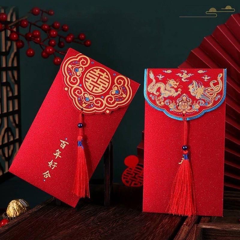 Bao Lì Xì Đỏ Chúc Mừng Năm Mới 2023 Phối Tua Rua, lì xì tết sang trọng