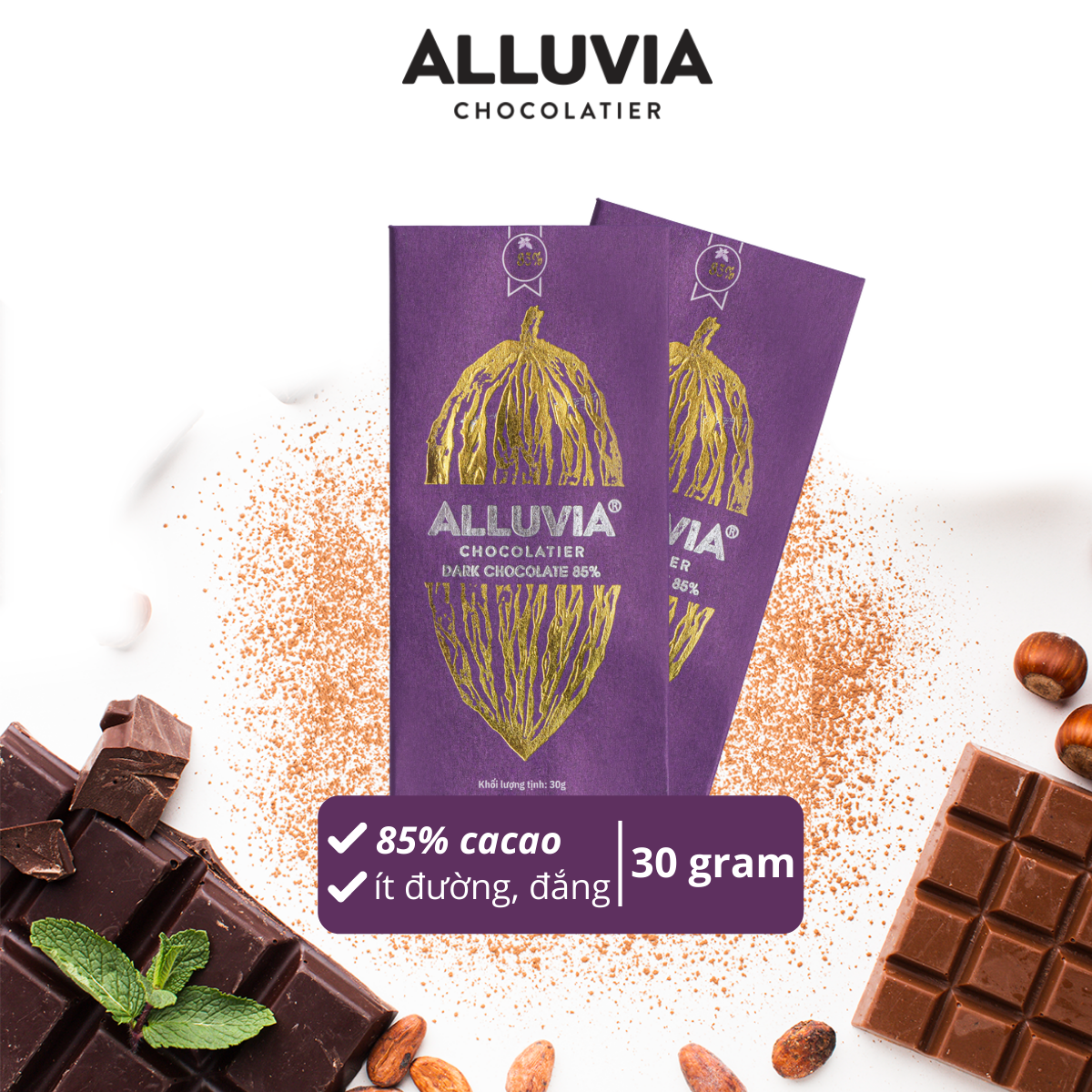 SÔCÔLA ĐEN 85% ALLUVIA NGUYÊN CHẤT, ÍT ĐƯỜNG | DARK CHOCOLATE 85% LESS SUGAR