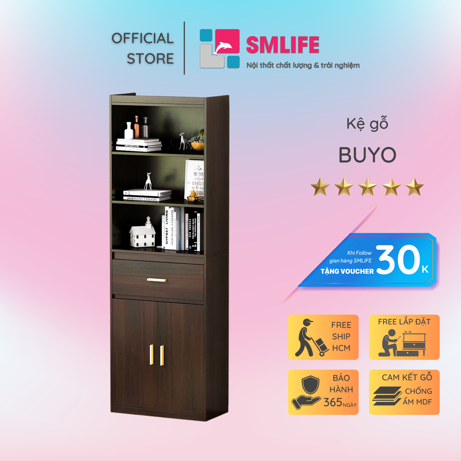 Kệ sách, kệ trang trí gỗ hiện đại SMLIFE Buyo | Gỗ MDF dày 17mm chống ẩm | D60xR30xC180cm