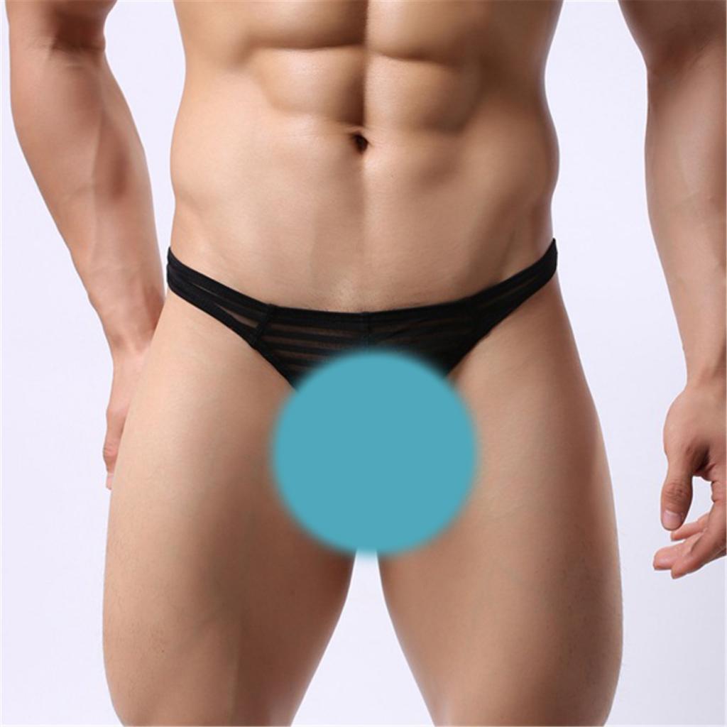 Men's Sheer Mesh Striped Panties Pouch Thong Low Waist Underpants Brief T-back Underwear