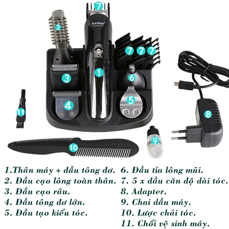 Bộ kit tông đơ đa năng 6in1 KEMEI KM-600 chuyên dùng để cắt tóc, chấn viền, cạo râu, tỉa lông mũi, cạo lông mày... kèm đế cất giữ tiện lợi