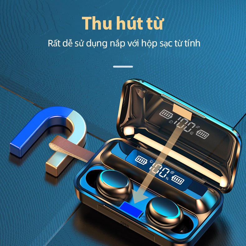 Tai nghe Bluetooth FLOVEME F9 TWS 5.0 bản QUỐC TẾ không dây cảm ứng chống nước IPX5, chống ồn tích hợp sạc dự phòng 2500mAh - Hàng chính hãng