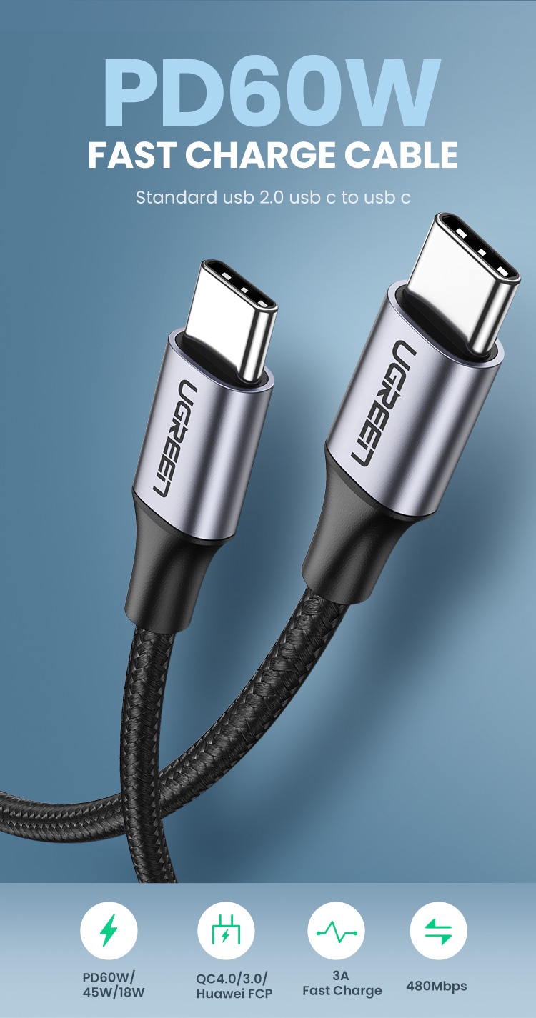 Cáp sạc nhanh 60W USB Type-C to Type-C dài 2M bọc nylon Ugreen 50152 cao cấp hàng chính hãng